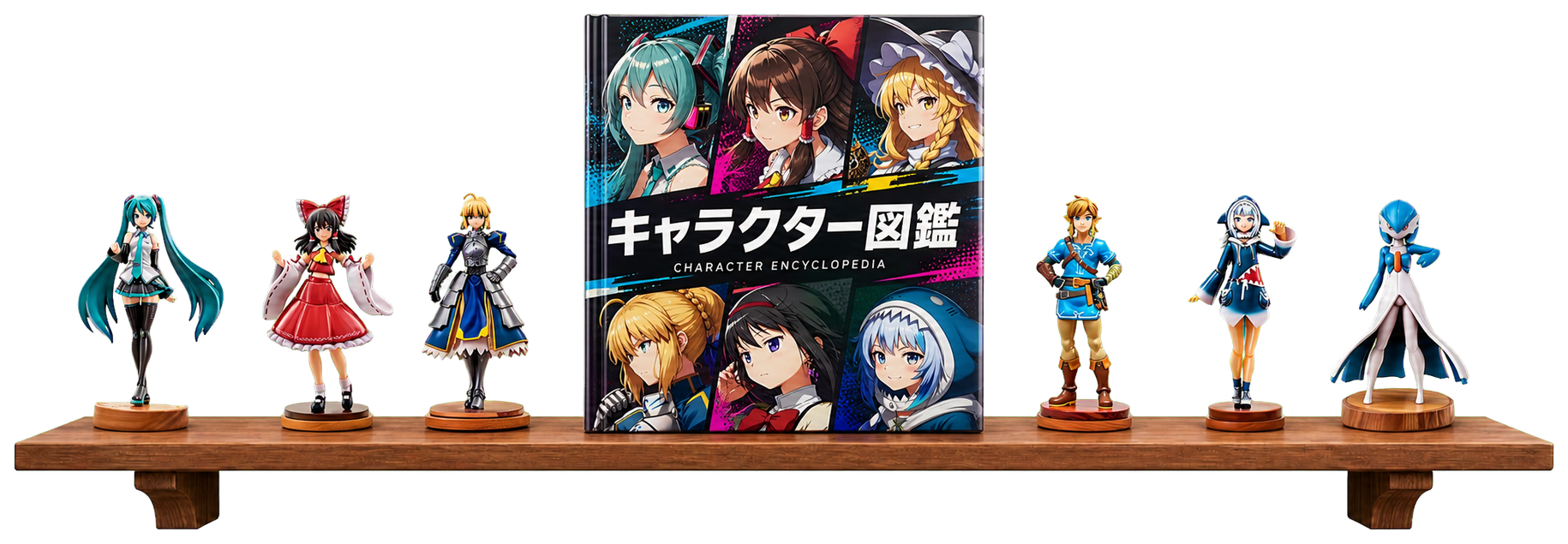 木製ウォールシェルフに置いたキャラクター図鑑と塗装済みキャラクターフィギュア