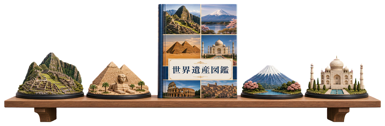 木製ウォールシェルフに置いた世界遺産図鑑と遺跡・建築・自然景観のミニチュアフィギュア